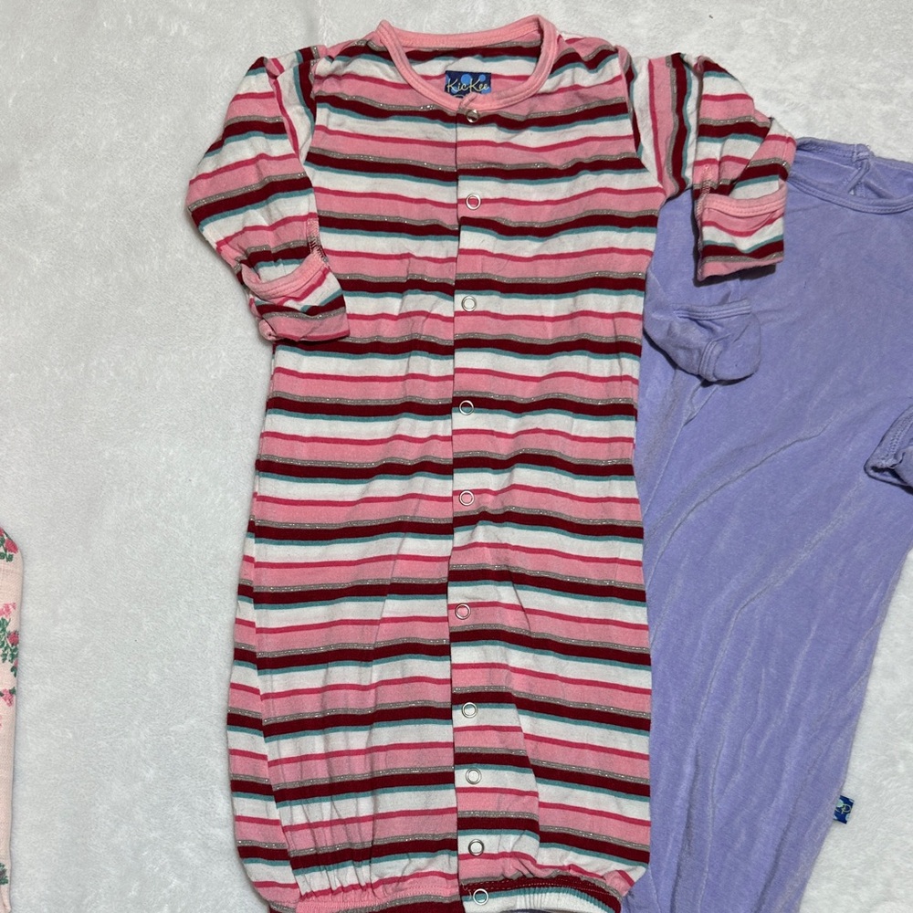 NB girls kickee sleeper gown pink stripe with metallic detail & light purple